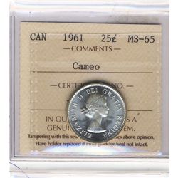 1961 25¢ ICCS MS65 Cameo.Catalogue Value:  100