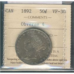 1892 50¢ Obv 4 ICCS VF30.Catalogue Value:  750