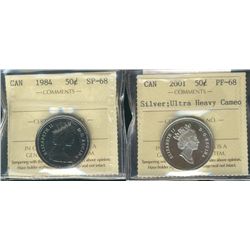 1984 50¢ SP68 & 2001 PF68. Lot of 2 coins both ICCS graded.Catalogue Value:  90