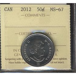 2012 50¢ ICCS MS67.  Pristine example.Catalogue Value:  125