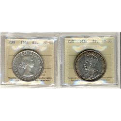 1936 $1 AU58 & 1958 MS64.  Lot of 2 ICCS coins.Catalogue Value:  105