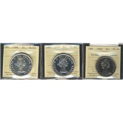 1960 $1, 1964 & 1968 NI all ICCS graded PL65 with Cameo.  Lot of 3 coins.Catalogue Value:  105