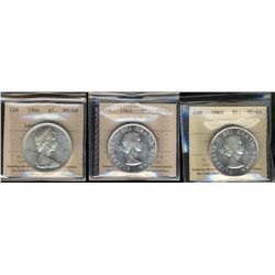 1962 $1, 1963 & 1966 ICCS MS64. Lot of 3 coins.Catalogue Value:  220