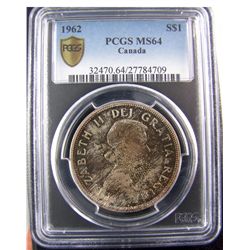 1962 $1 PCGS MS64, attractively toned.  Looks better than the grade assigned.Catalogue Value:  150