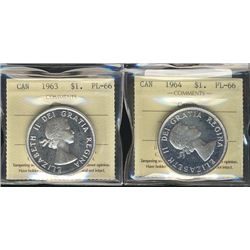 1963 & 1964 $1 ICCS PL66 Cameo. Lot of 2 coins.Catalogue Value:  240