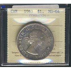 1963 $1 ICCS MS64.  Toned obv with fresh white reverse.Catalogue Value:  100