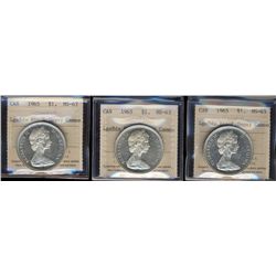 1965 $1 LgBds Blt 5 ICCS MS63 Heavy Cameo. Lot of 3 coins.Catalogue Value:  150