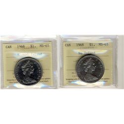 1968 $1 Normal Island & No Island both ICCS MS65.Catalogue Value:  200