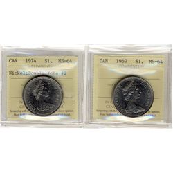 1969 $1 & 1974 Dbl Yk #2 ICCS MS64.  Lot of 2 coins.Catalogue Value:  220