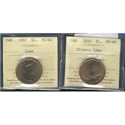 1987 $1 Loon & 2010 Olympic Logo both ICCS MS66. Lot of 2 coins.Catalogue Value:  125