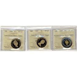 1987 $1 Loon, 1990 Loon & 1997 $2 all ICCS PF67 Ultra Heavy Cameo. Lot of 3 coins.Catalogue Value:  