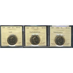 1989 $1 Loon, 1992 Confed & 1994 Remeberance ICCS MS65.  Lot of 3 coins.Catalogue Value:  125