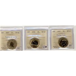 1997 $1 Flying loon, 2006 Snowy Island SP67 & 2002 family SP66.  Lot of 3 ICCS coins.Catalogue Value