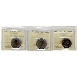 2005 $1 Loon, 2005 $2 & 2008 $2 Quebec City all ICCS MS66.  Lot of 3 coins.Catalogue Value:  200