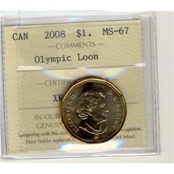 2008 $1 Olympic Loon ICCS MS67.Catalogue Value:  150