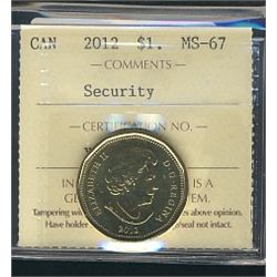 2012 $1 Security ICCS MS67.Catalogue Value:  200