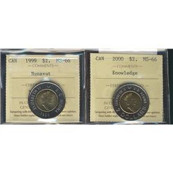 1999 $2 Nunavut & 2000 Knowledge ICCS MS66.  Lot of 2 coins.Catalogue Value:  150