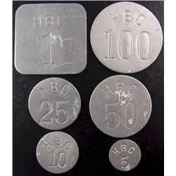 Tokens; Hudson Bay Aluminum Token Set;  Includes 1, 5, 10, 25, 50 & 100.  Gingras 285, 285a, 285b, 2