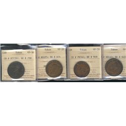 Tokens; Br#730 UC-12B2, Br#874 NS-1F5, Br#910 NB-1A2 & Br#918 PE-7A1.  Lot of 4 coins ICCS VF20 to V