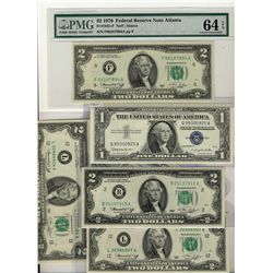 USA 1957 $1 F-1621, 1995 $1 F-1922J, F-1924B, $2 1976 F-1935B, F-1935L(2) all UNC & 1976 $2 F-1935F 