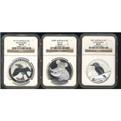 Australia 2007 $1 Silver Kookaburra & 2009 Koala & 2011P Kookaburra all NGC MS69.  Lot of 3 coins.