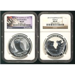 Australia 2011P $1 Silver Koala & 2012P Kookaburra both NGC MS69.  Lot of 2 coins.