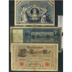 Germany ;  Reisch banknotes 1908-1910 100 RM(6) & $1000RM.  Lot of 7 notes VG to F+ some with rim is
