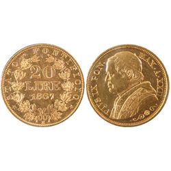 Italy 1867R $20 Lire Gold coin. KM#1382,3 from the Papal States with only 57 000 minted.  Nice EF+ i