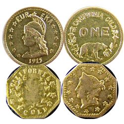 USA California 18__ gold & 1915 Eureka Gold One dollar gold.  Lot of 2 pcs.  Worn date on the Califo