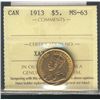 Image 1 : 1913 $5 Gold ICCS MS63.  Lustrous.