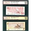 Image 1 : 1986 $2 BC-55a #AUL1331733 & 1988 $50 BC-59a #FHG5254637 designated as Lg F's BCS CH UNC63.  Lot of 