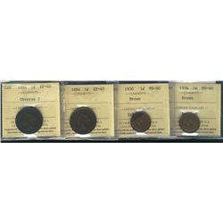 1884 1¢ Obv 2, 1894 EF40, 1930 & 1934 MS60BN.  Lot of 4 ICCS coins.