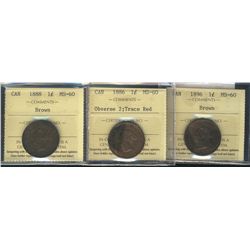 1888 1¢, 1886 Obv 2 & 1896 all ICCS MS60BN to Trace red.  Lot of 3 coins.