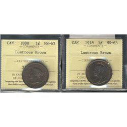 1888 1¢ & 1918 ICCS MS63.  Lot of 2 coins both lustrous brown.