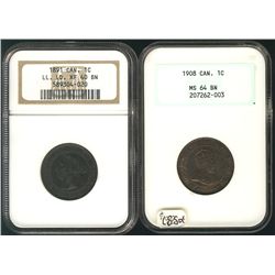 1891 1¢ LL LD XF40 & 1908 MS64BN.  Lot of 2 coins both NGC graded.