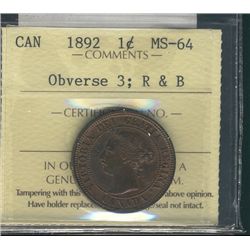 1892 1¢ Obv 3 ICCS MS64RB.  Lustrous.