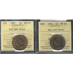 1901 1¢ & 1914 ICCS MS63RB.  Lot of 2 coins.