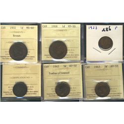1902 1¢ MS60, 1908 VF30, 1923 Fine, N.S. 1861 ½¢ AU50 & 1942 Tom, 1943 5¢.  Lot of 6 coins with 1925