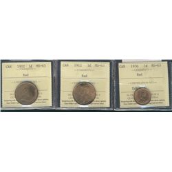 1902 1¢, 1912 & 1936 ICCS MS63RD.  Lot of 3 coins.