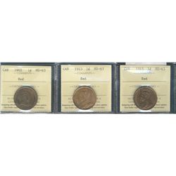 1902 1¢, 1913 & 1915 ICCS MS63RD.  Lot of 3 coins.
