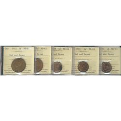 1912 1¢, 1918, 1928, 1935 & 1950 all ICCS MS63RB.  Lot of 5 coins.