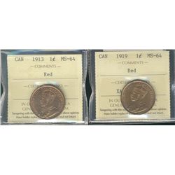 1913 1¢ & 1919 ICCS MS64RD.  Lot of 2 very nice coins.