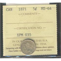 1871 5¢ ICCS MS64.  Luster of gold tones.