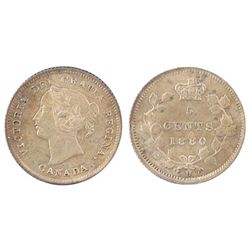 1880H 5¢ Obv 2 ICCS AU50. Rare Obverse type with only 9 better examples graded.