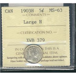 1903H 5¢ Lg H ICCS MS63.  Lustrous.