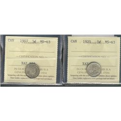 1907 5¢ & 1920 ICCS MS63.  Lot of 2 coins both with little tone.