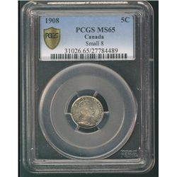 1908 5¢ Sml PCGS MS65.  Superb eye appeal with sparce shades with lots of lustre.