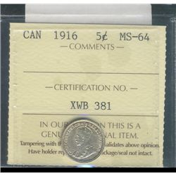 1916 5¢ ICCS MS64.  Attractively toned.