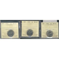 1922 5¢, 1929 & 1941 ICCS MS63.  Lot of 3 coins.