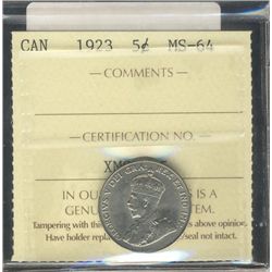 1923 5¢ ICCS MS64.  Strong lustre.
